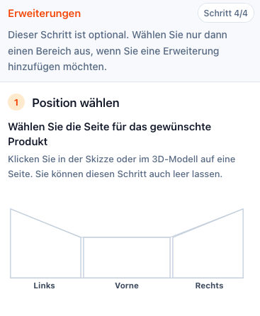 Screenshot des Erweiterungen-Schritts mit der Positionsauswahl Links, Vorne und Rechts.