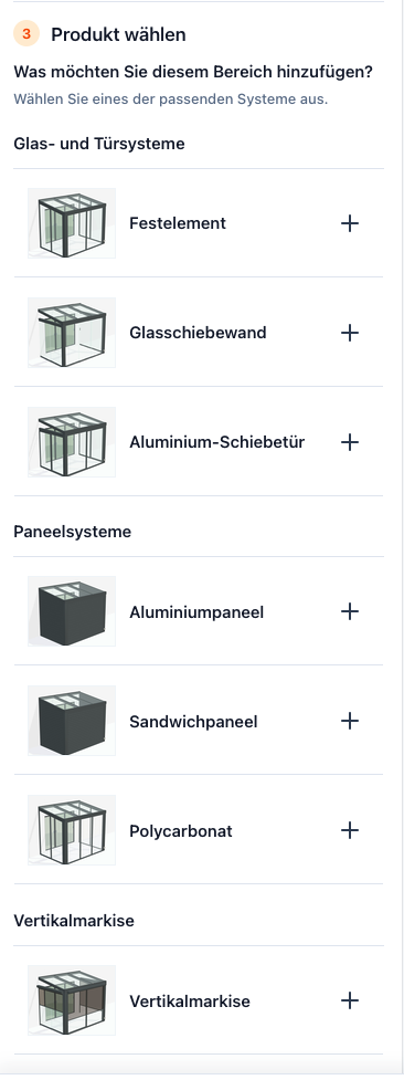 Screenshot der Erweiterungen mit Produktauswahl für Festelement, Glasschiebewand, Aluminium-Schiebetür, Paneele und Vertikalmarkise.