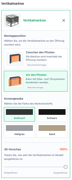 Screenshot einer Vertikalmarkise mit Montageposition, Screengewebe und 3D-Vorschau in den Erweiterungen.