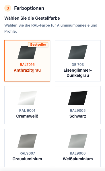 Screenshot der Farboptionen im Veranda-Typ mit RAL7016, DB 703, RAL 9001, RAL9005, RAL9007 und RAL9006.