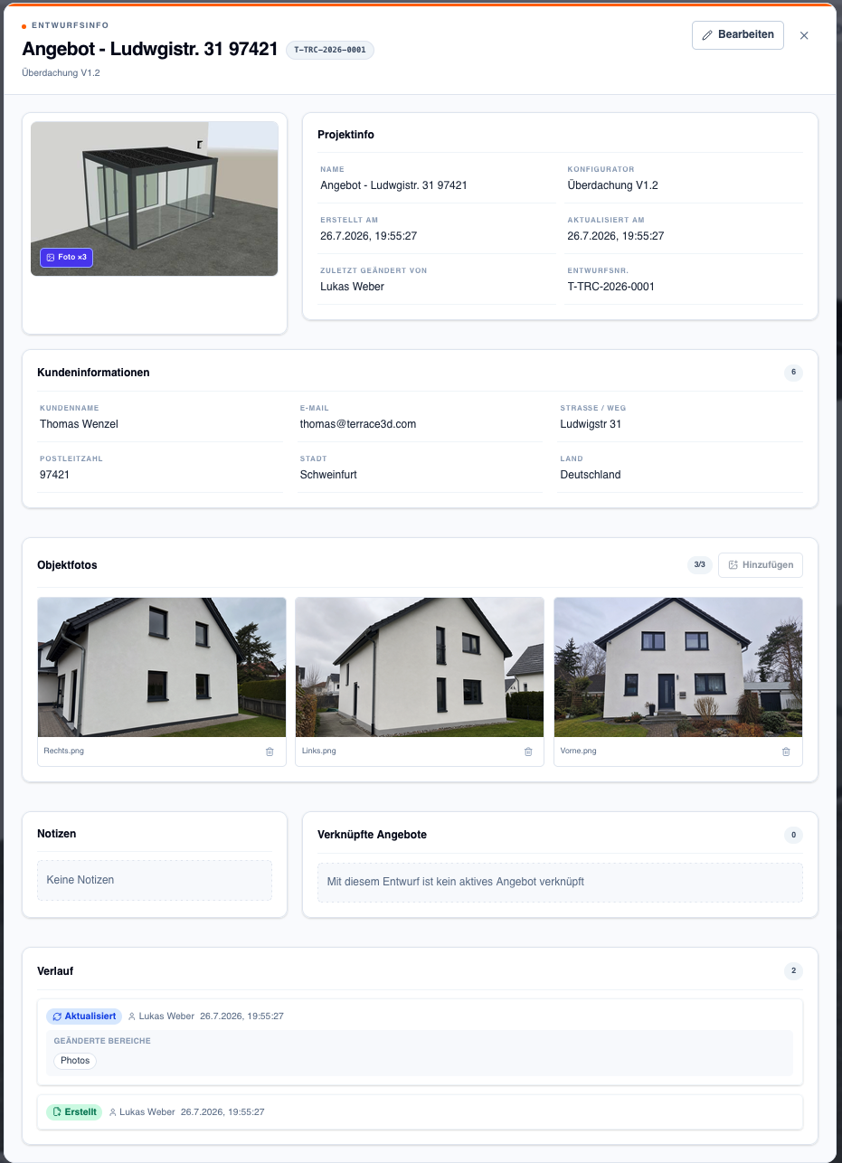 Screenshot der Projektinfo mit Projektinfo, Kundendaten, Projektanhängen, Notizen, verknüpften Angeboten und Verlauf.