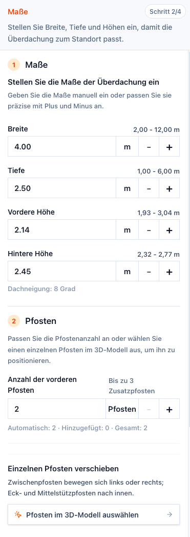 Screenshot der linken Konfigurator-Seitenleiste im Schritt Maße mit Breite, Tiefe, vorderer Höhe, hinterer Höhe, Dachneigung und Pfosten-Auswahl.