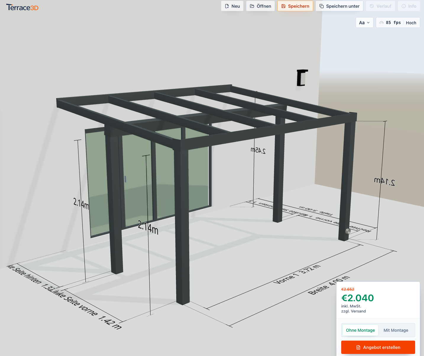 Ansicht mit aktivierter mittlerer Pfostenlinie und zusätzlichen mittleren Pfosten in der 3D-Szene.