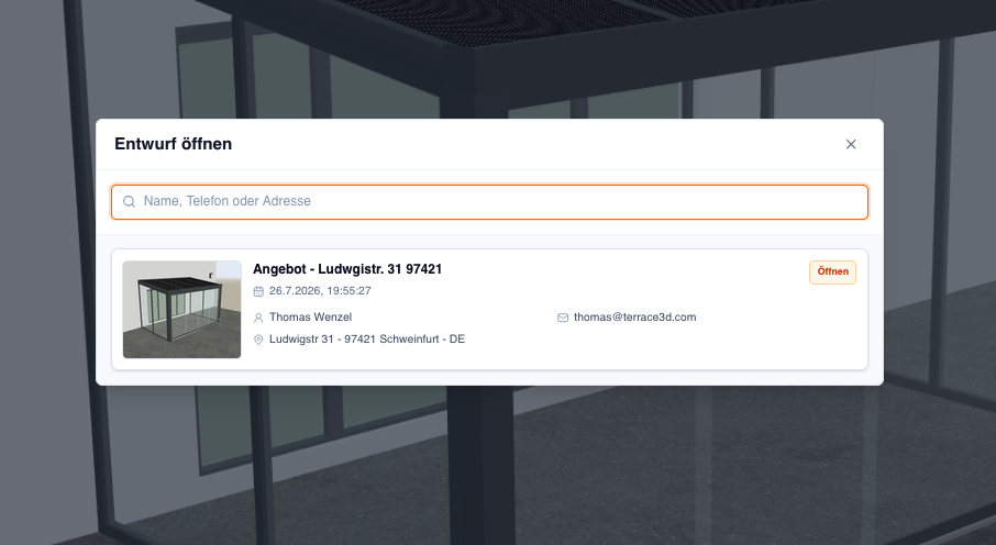 Screenshot des Dialogs Projekt öffnen mit Suchfeld und gespeicherter Projektkarte.