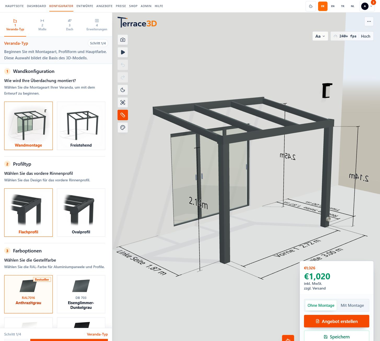 Screenshot des Terrassen- & Wintergarten-Konfigurators mit linker Seitenleiste, 3D-Szene, oberer Werkzeugleiste und Preisbox.