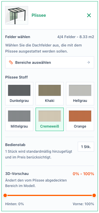 Screenshot der Plissee-Einstellungen mit Bereichsauswahl, Stoffauswahl, Bedienstab und 3D-Vorschau.