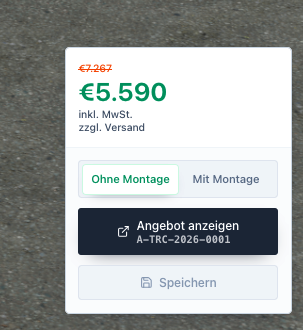 Screenshot der Preisbox nach Angebotserstellung mit Angebot anzeigen und Angebotsnummer.