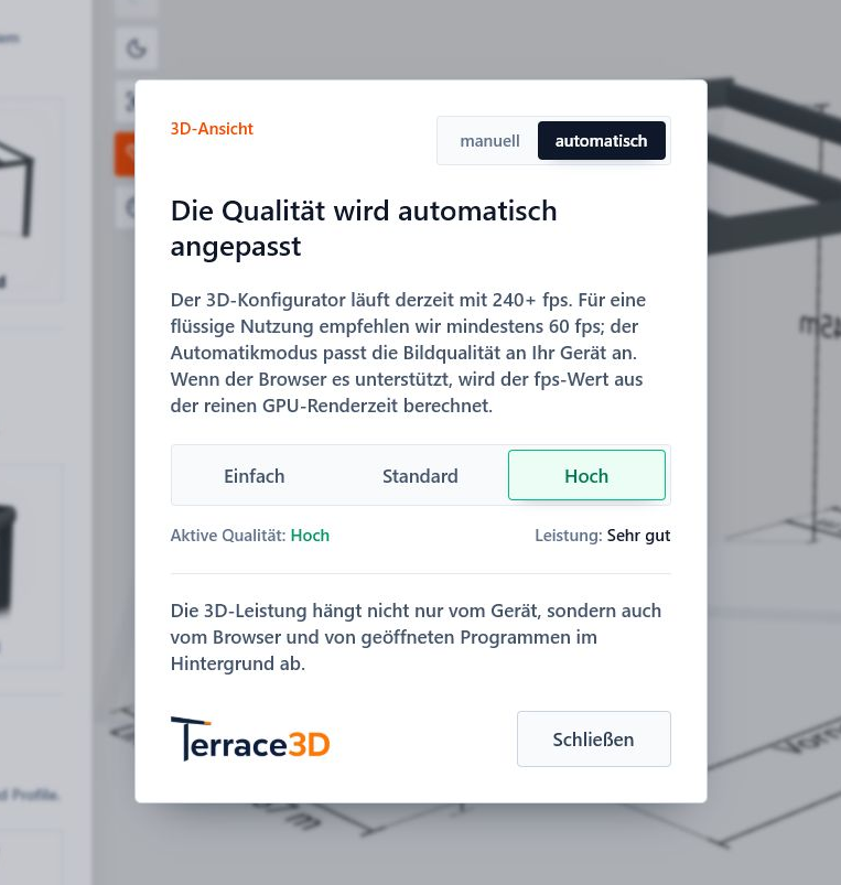 Screenshot des Dialogs zur 3D-Qualität mit automatischer Anpassung, fps-Wert und Qualitätsstufen.