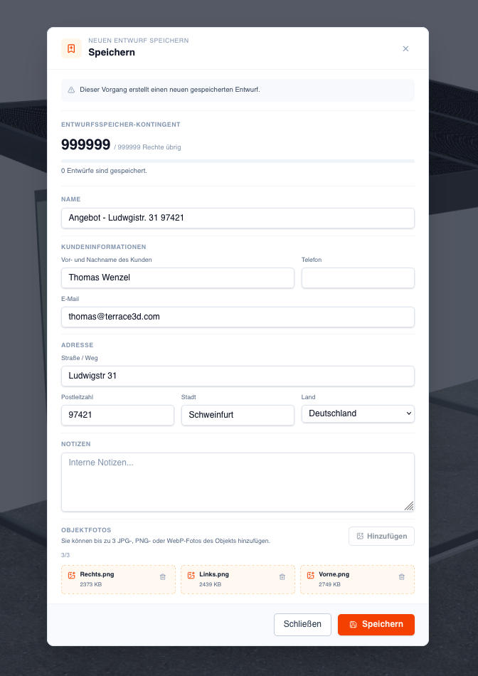 Screenshot des Dialogs Neues Projekt speichern mit Kundendaten, Adresse, Notizen und Projektanhängen.