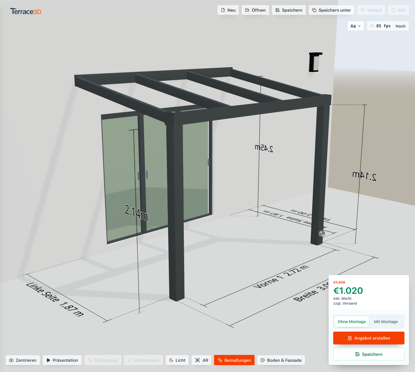Screenshot der 3D-Szene beim ersten Öffnen mit Terrassenüberdachung, Maßlinien, Werkzeugleiste und Preisbox.