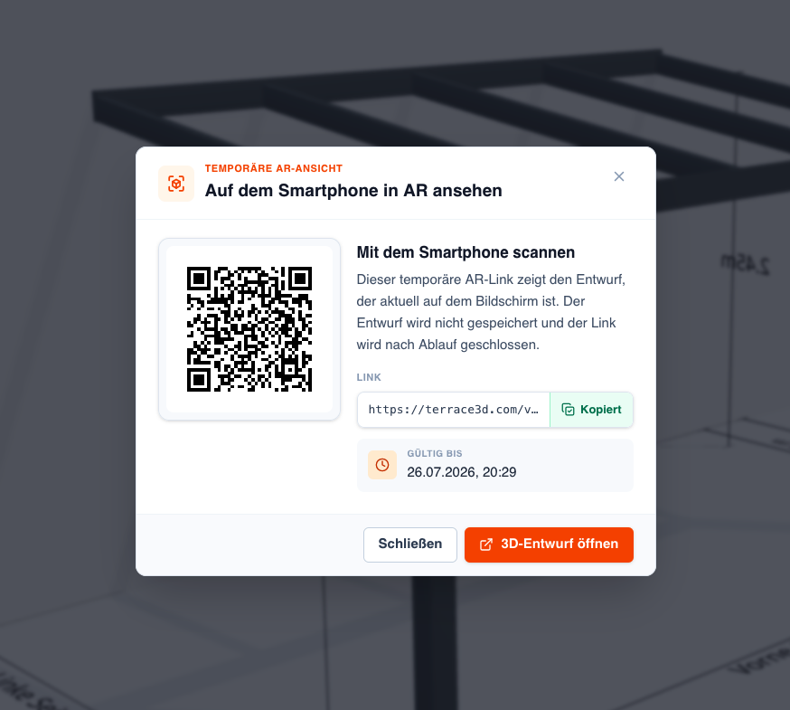 Screenshot des AR-Dialogs mit QR-Code, kopiertem Link, Gültigkeitszeit und Schaltfläche 3D-Projekt öffnen.