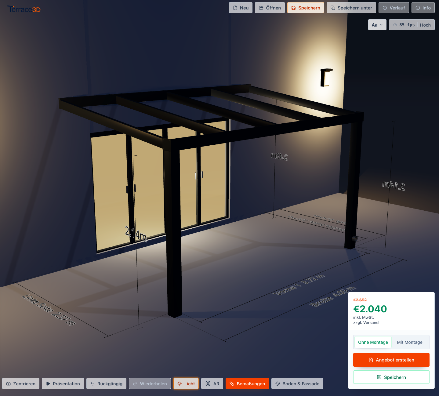 Screenshot der Konfigurator-Szene mit aktivierter Lichtansicht und dunkler Umgebung.
