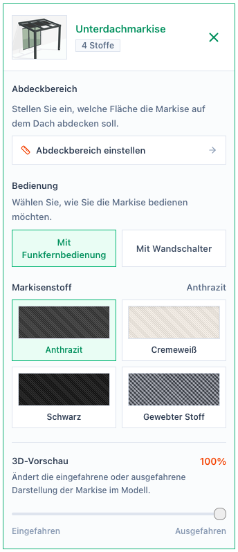 Screenshot der Unterdachmarkise-Einstellungen mit Abdeckbereich, Bedienung, Markisenstoff und 3D-Vorschau.