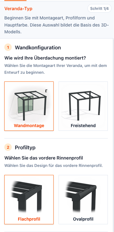 Screenshot der linken Konfigurator-Seitenleiste im Schritt Veranda-Typ mit Wandmontage, Freistehend, Flachprofil und Ovalprofil.