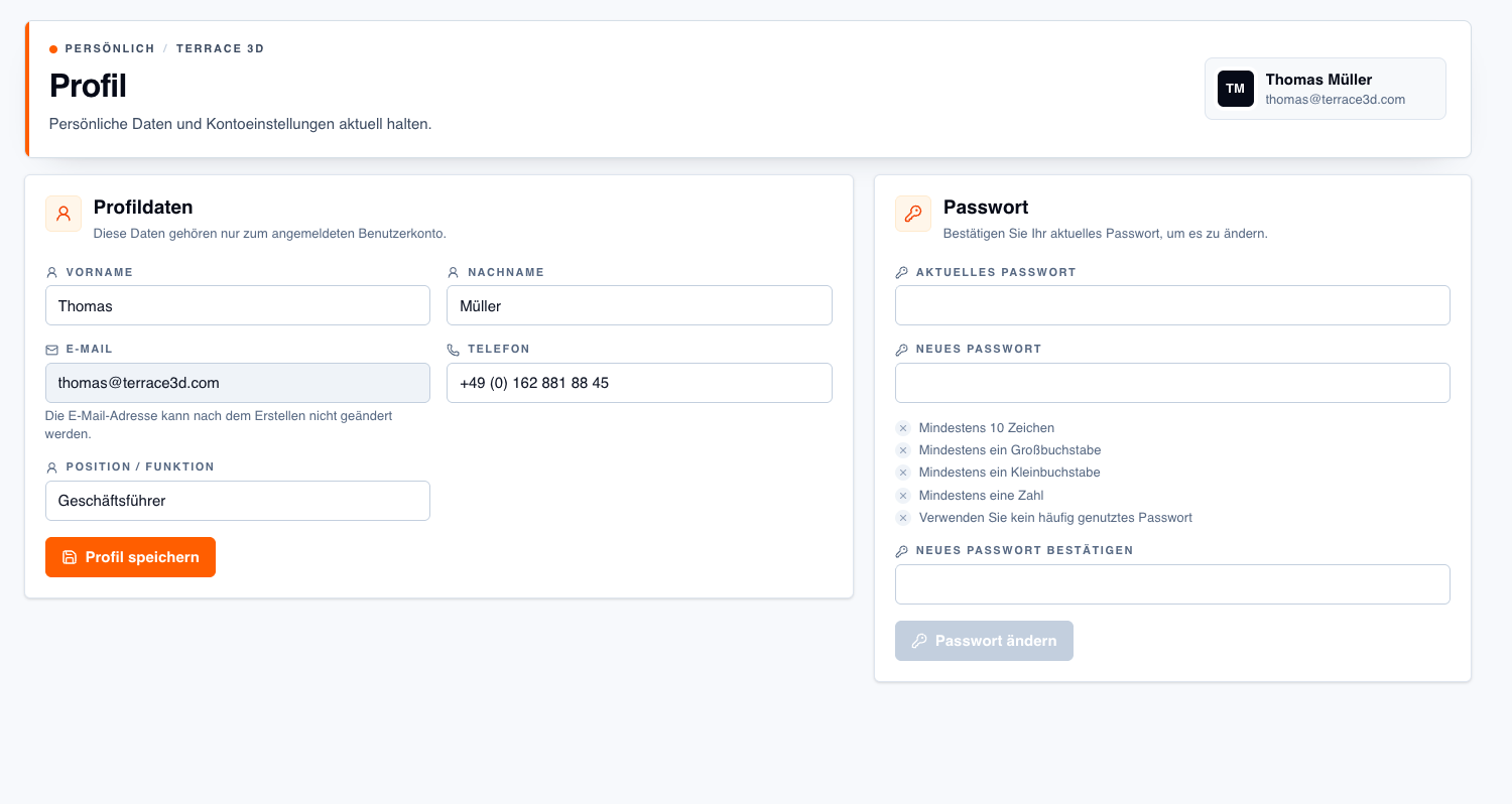 Screenshot der Profil-Seite im Dashboard mit Profildaten und Passwortbereich.