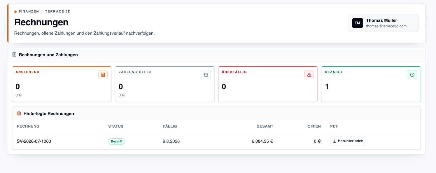 Screenshot der Rechnungen-Seite mit bezahlter Rechnung und Download-Schaltfläche.