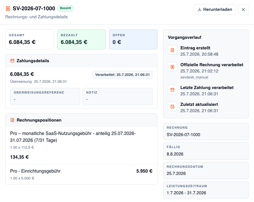 Screenshot der Rechnungsdetails mit Zahlungsdetails, Rechnungspositionen und Vorgangsverlauf.