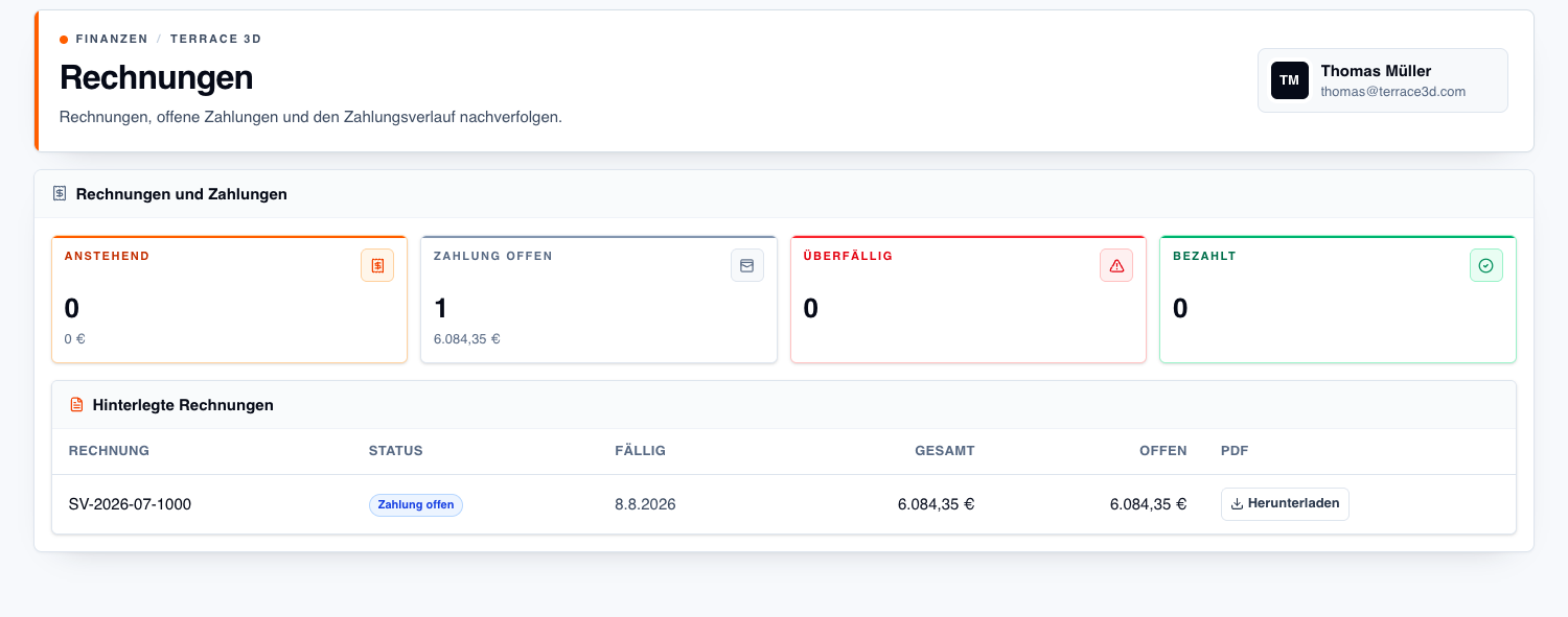 Screenshot der Rechnungen-Seite mit einer offenen Zahlung und Rechnungsübersicht.