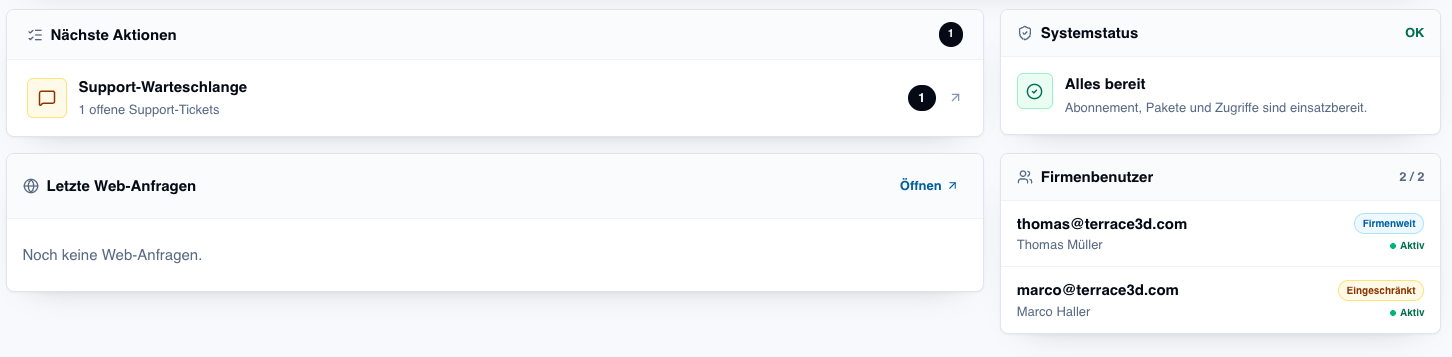 Screenshot der unteren Übersicht mit nächsten Aktionen, Systemstatus, letzten Web-Anfragen und Firmenbenutzern.