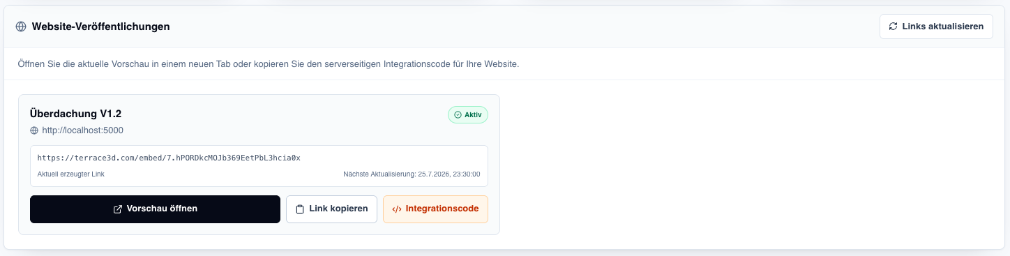 Screenshot der Website-Veröffentlichungen mit Vorschau öffnen, Link kopieren und Integrationscode.
