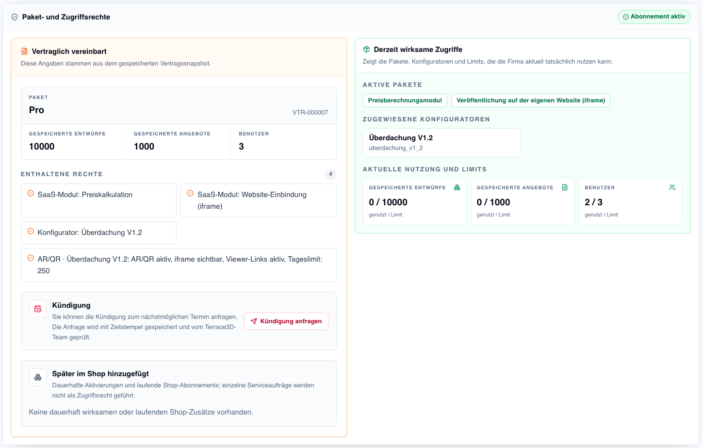 Screenshot von Paket- und Zugriffsrechten mit vertraglich vereinbartem Paket, aktiven Modulen, Limits und Kündigungsanfrage.