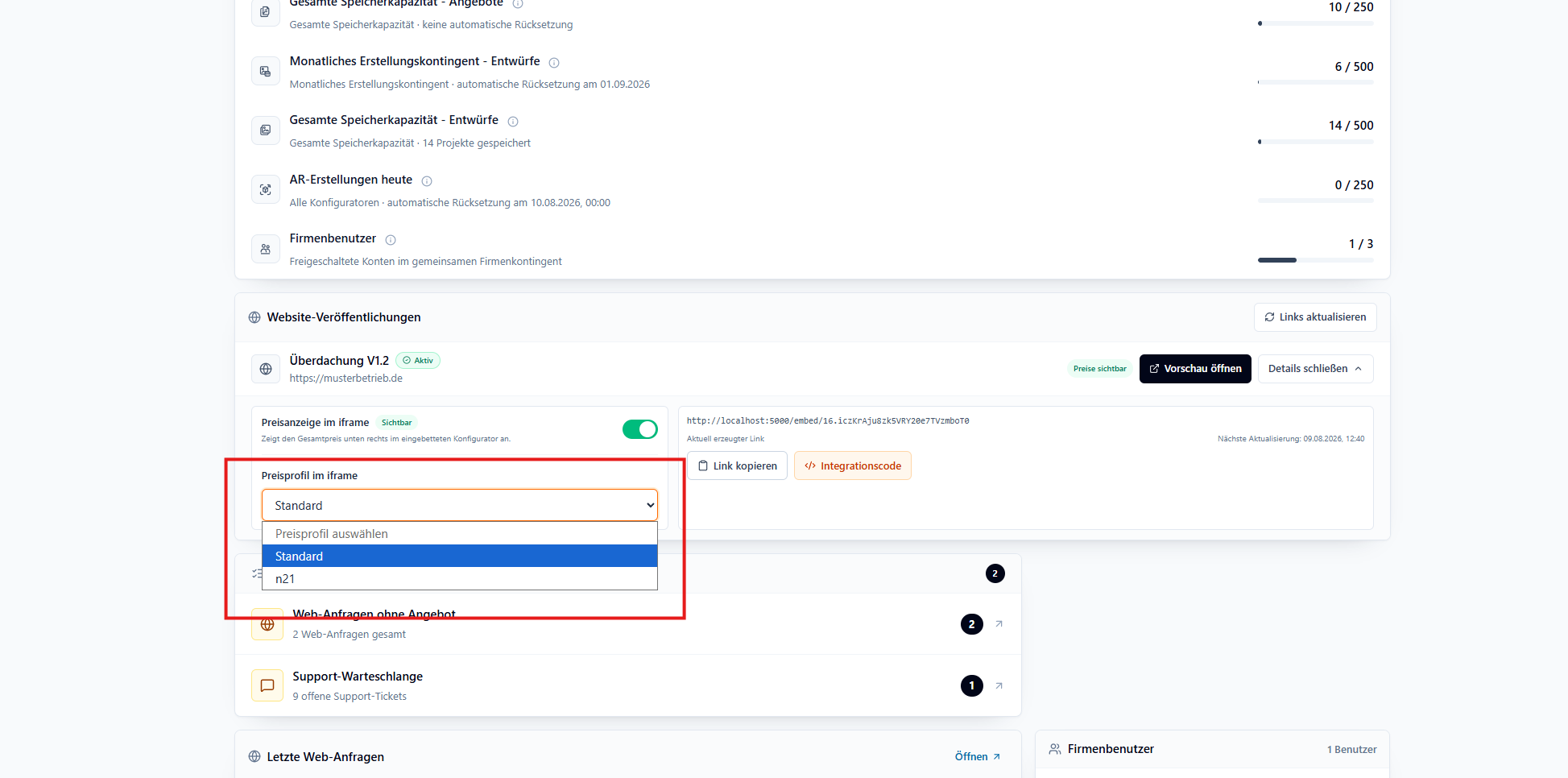 Screenshot der Website-Veröffentlichung im Dashboard mit geöffneter Auswahl Preisprofil im iframe.