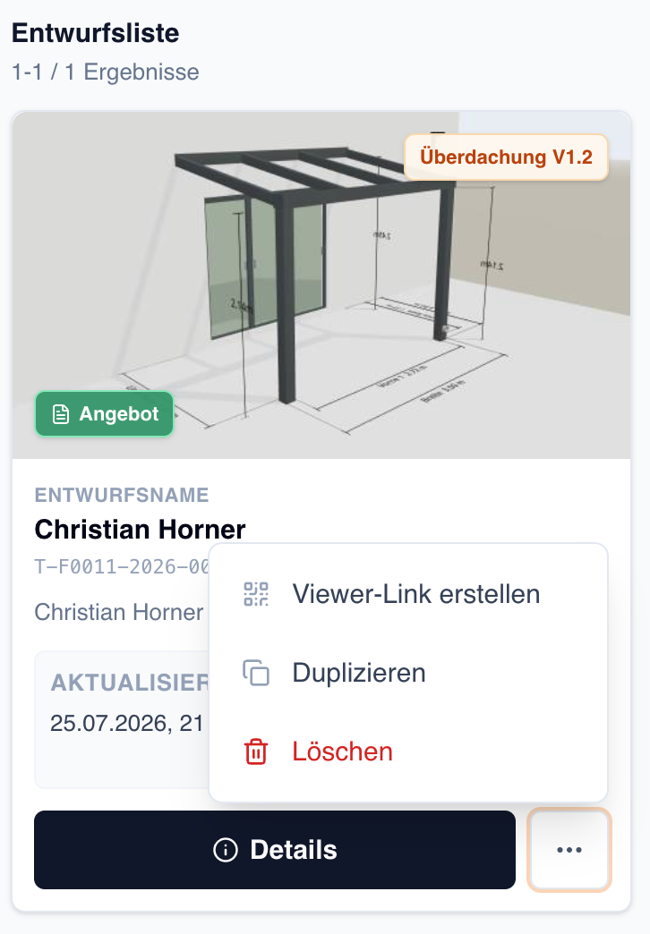 Screenshot einer Projektkarte mit geöffnetem Drei-Punkte-Menü und den Aktionen Viewer-Link erstellen, Duplizieren und Löschen.
