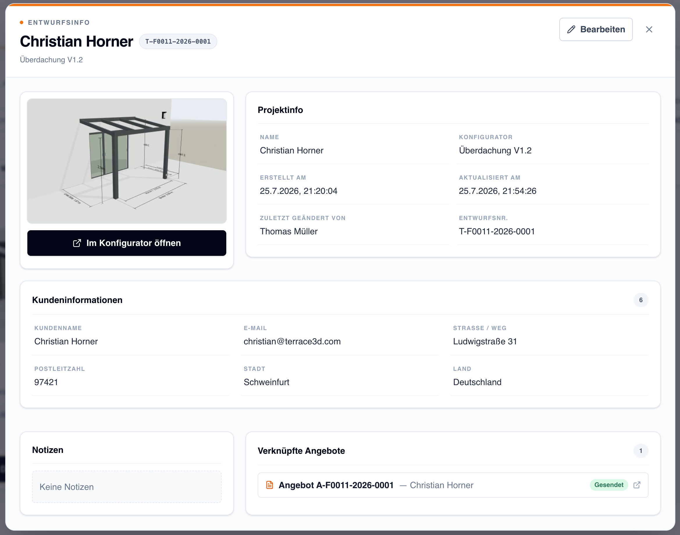 Screenshot der Projekt-Detailansicht mit Vorschau, Projektinfo, Kundeninformationen, Notizen und verknüpftem Angebot.
