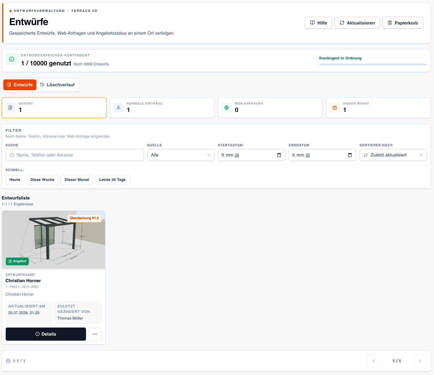 Screenshot der Projektverwaltung mit Kontingent, Filtern, Statistik-Karten und Projektliste.