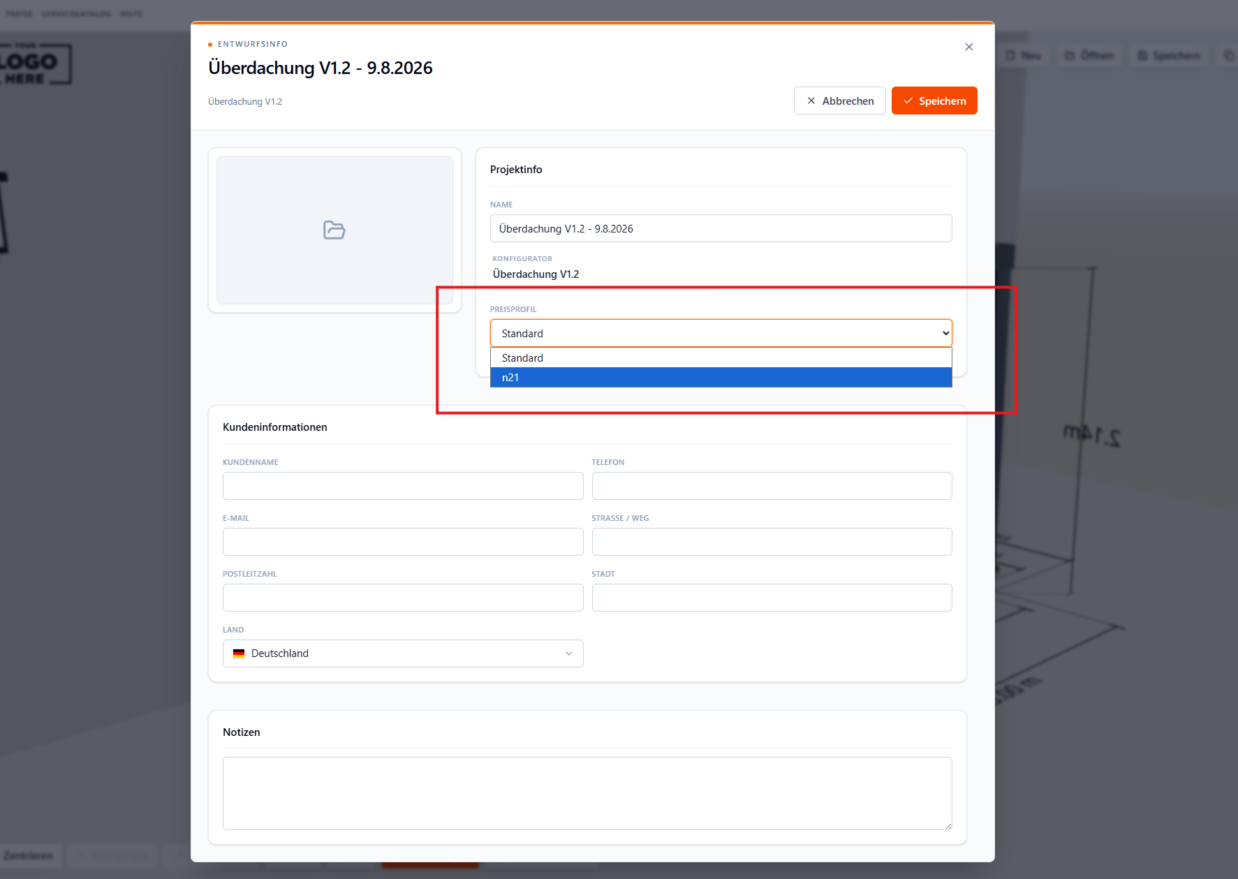 Screenshot der Projektinfo im Bearbeitungsmodus mit geöffneter Auswahl des Preisprofils unter Projektinfo.