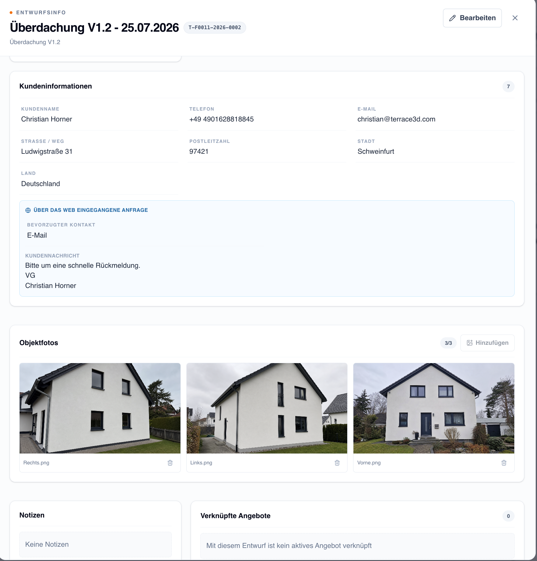 Screenshot der Detailansicht einer Web-Anfrage mit Kundendaten, bevorzugtem Kontakt, Kundennachricht und drei Projektanhängen.