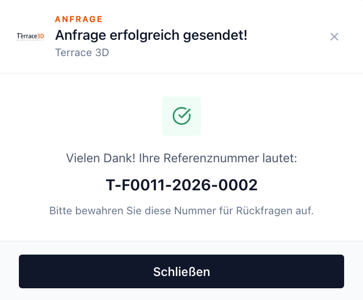 Screenshot der erfolgreichen iframe-Anfrage mit Referenznummer T-F0011-2026-0002.
