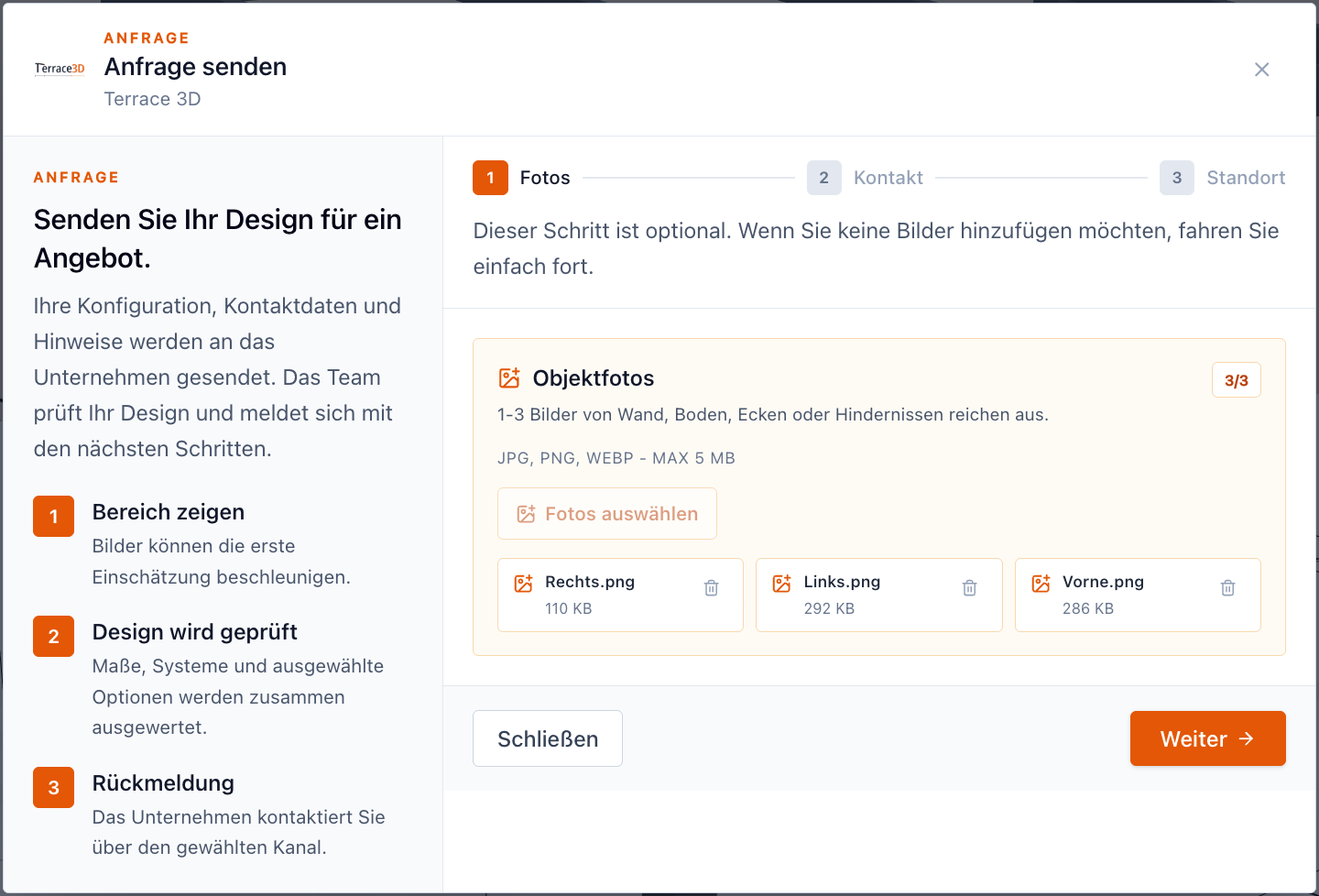 Screenshot der iframe-Anfrage mit dem Schritt Projektanhänge und drei hochgeladenen Dateien.