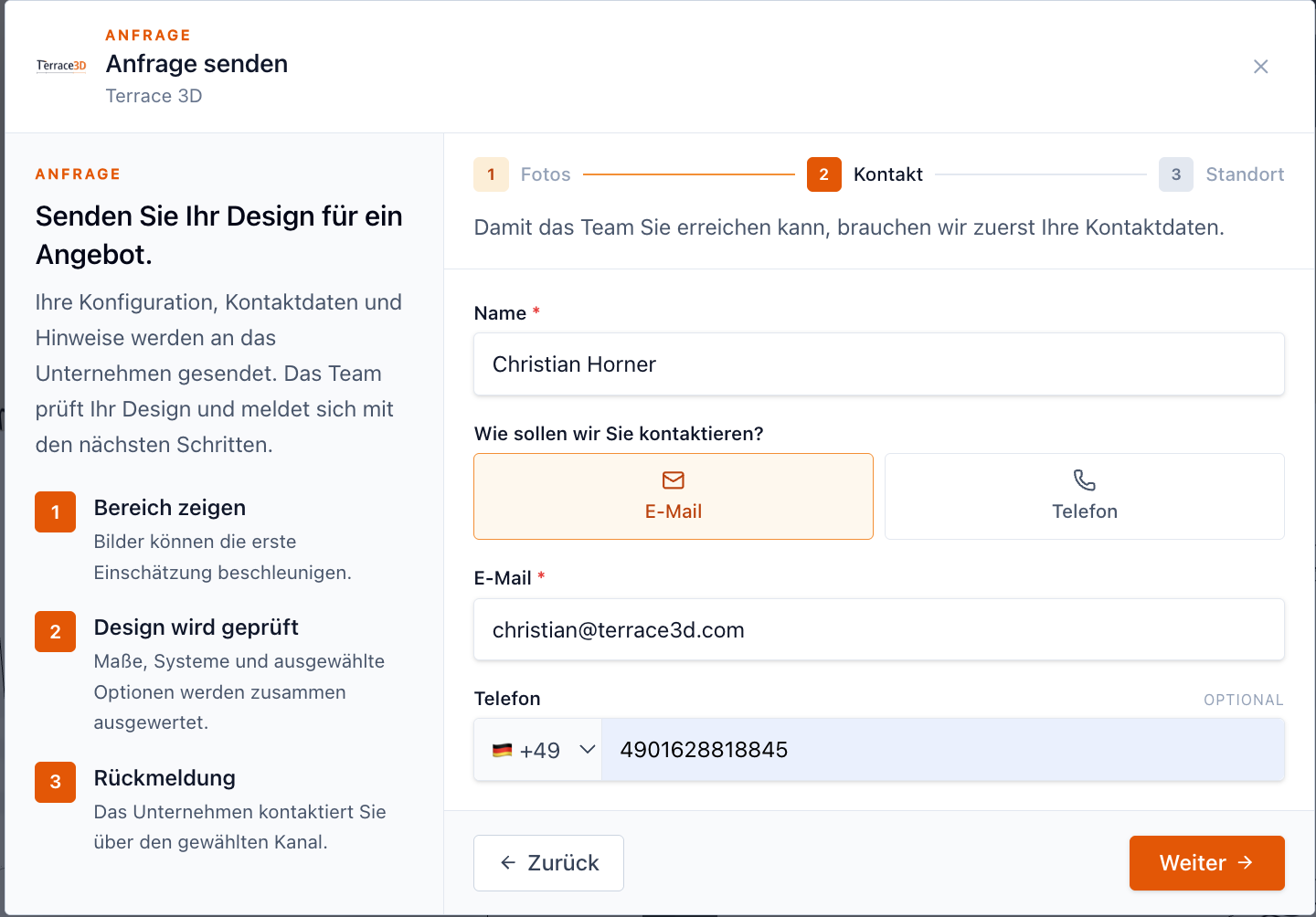 Screenshot der iframe-Anfrage mit Kontaktdaten, E-Mail-Auswahl und Telefonnummer.