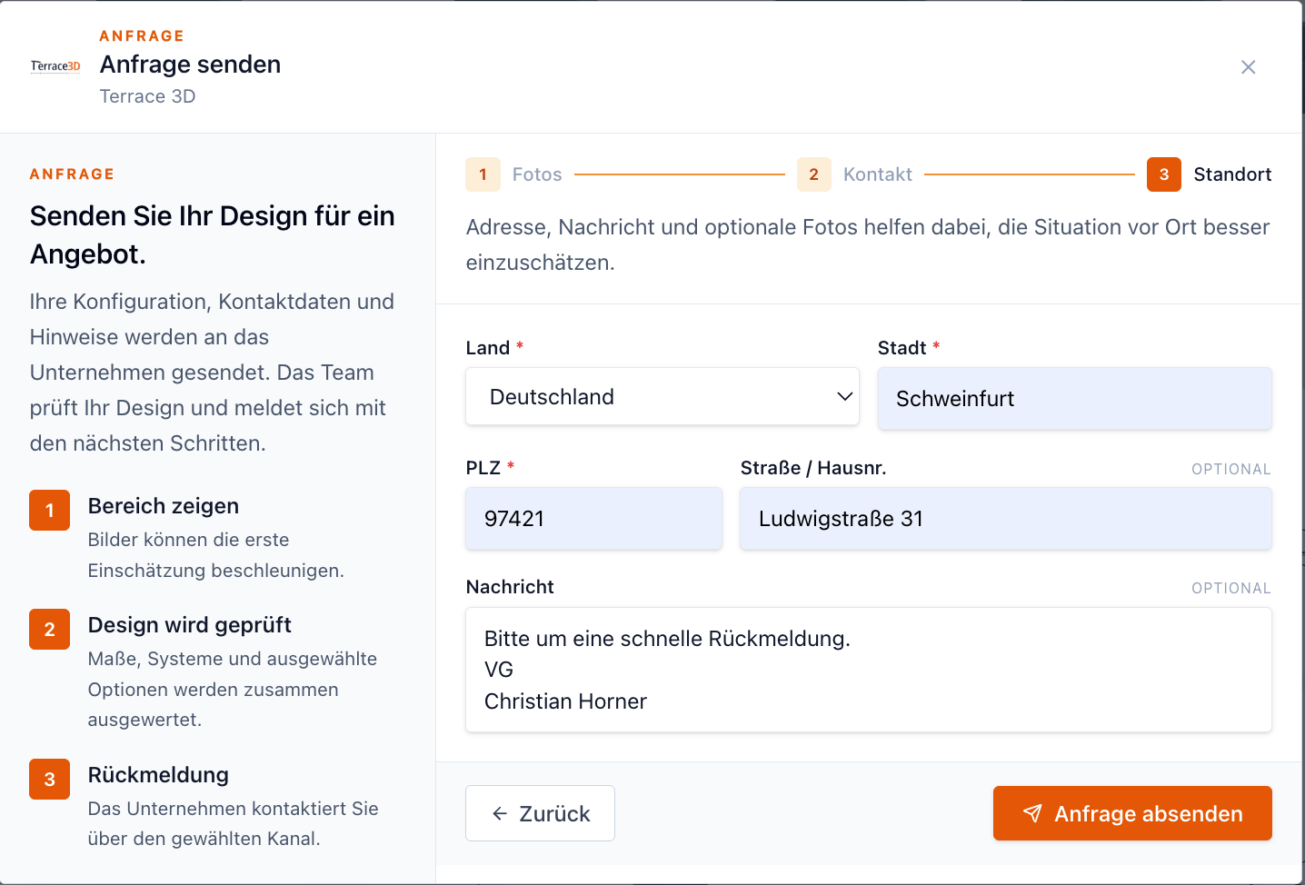 Screenshot der iframe-Anfrage mit Standortdaten, Kundennachricht und Button Anfrage absenden.