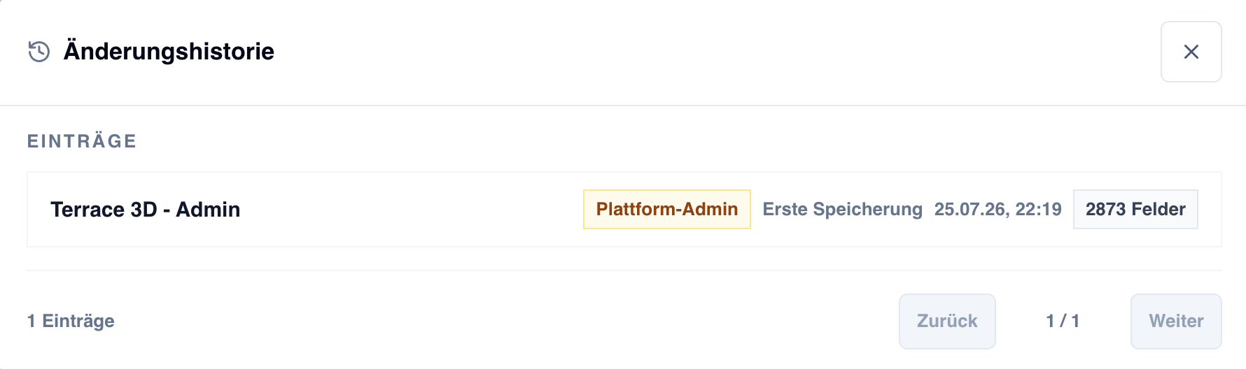 Screenshot der Änderungshistorie mit Eintrag Terrace 3D - Admin, Plattform-Admin, erste Speicherung, Datum, Feldanzahl und Navigation.