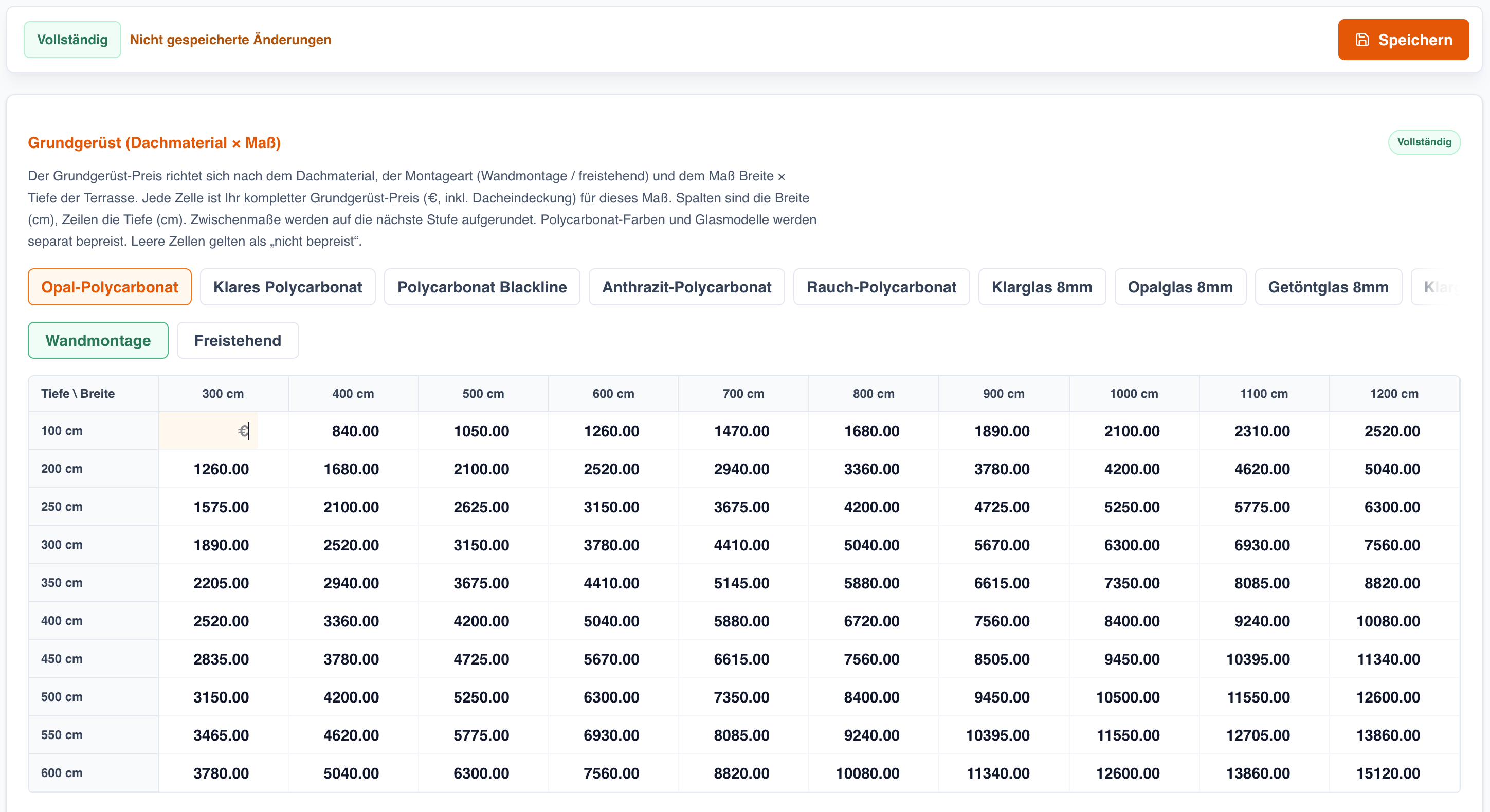 Screenshot der Grundgerüst-Preismatrix mit gelöschter Preiszelle, Hinweis Nicht gespeicherte Änderungen und aktivem Speichern-Button.