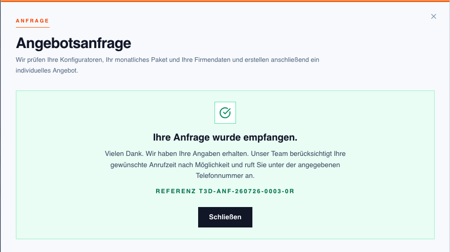 Screenshot der Bestätigung nach einer Angebotsanfrage mit Referenznummer.