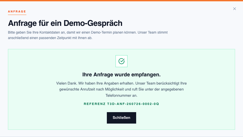 Screenshot der Eingangsbestätigung einer Testbewerbung mit Bewerbungsnummer.