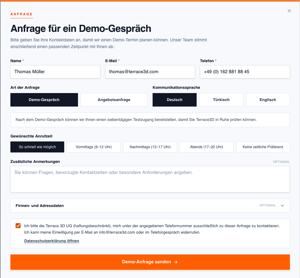Screenshot der Bewerbung für einen 14-tägigen Testzugang mit Ansprechpartner, Firma, Adresse und Datenschutzbestätigung.