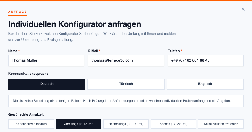 Screenshot des Formulars Individuellen Konfigurator anfragen mit Kontaktdaten, Sprache und gewünschter Anrufzeit.
