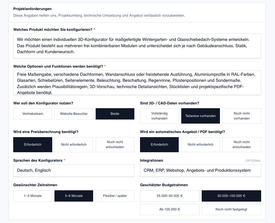 Screenshot der Projektanforderungen für einen individuellen Konfigurator mit Produktbeschreibung, Funktionen, Datenstatus, Preisberechnung, PDF, Sprachen, Integrationen, Zeitrahmen und Budget.