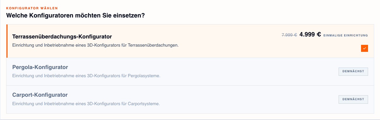Screenshot der Konfiguratorauswahl mit Terrassen- & Wintergarten-Konfigurator, Pergola-Konfigurator und Carport-Konfigurator.