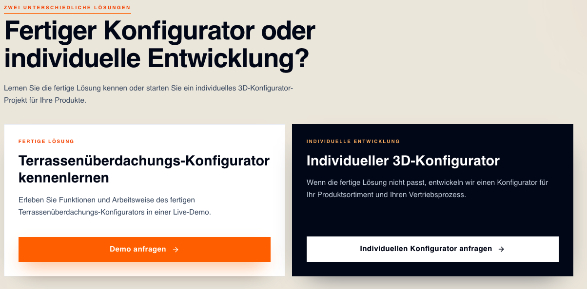 Screenshot des Bereichs Paketlösung oder individuelle Entwicklung mit zwei Auswahlmöglichkeiten.