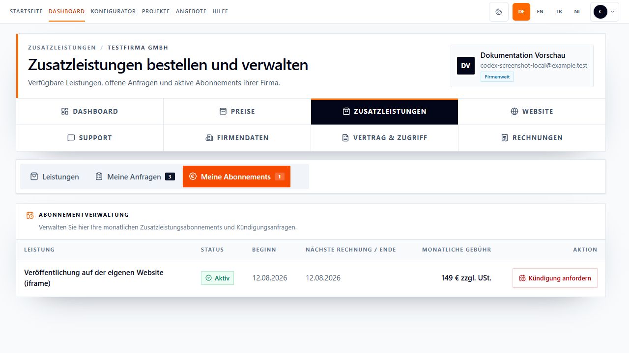 Screenshot des Bereichs Zusatzleistungen, Tab Meine Abonnements mit einem aktiven Website-Veröffentlichungsabonnement, monatlicher Gebühr und Kündigung-anfordern-Schaltfläche.