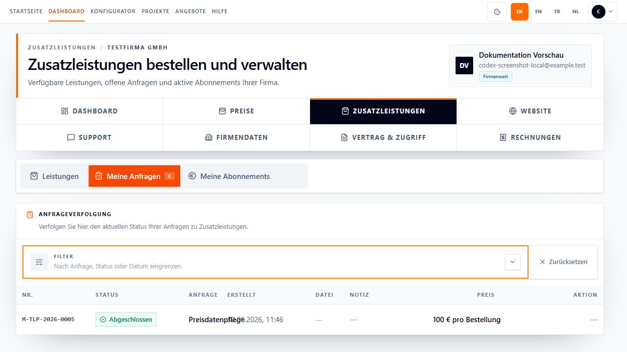 Screenshot des Bereichs Zusatzleistungen, Tab Meine Anfragen mit einer Preisdatenpflege-Anfrage im Status Abgeschlossen.