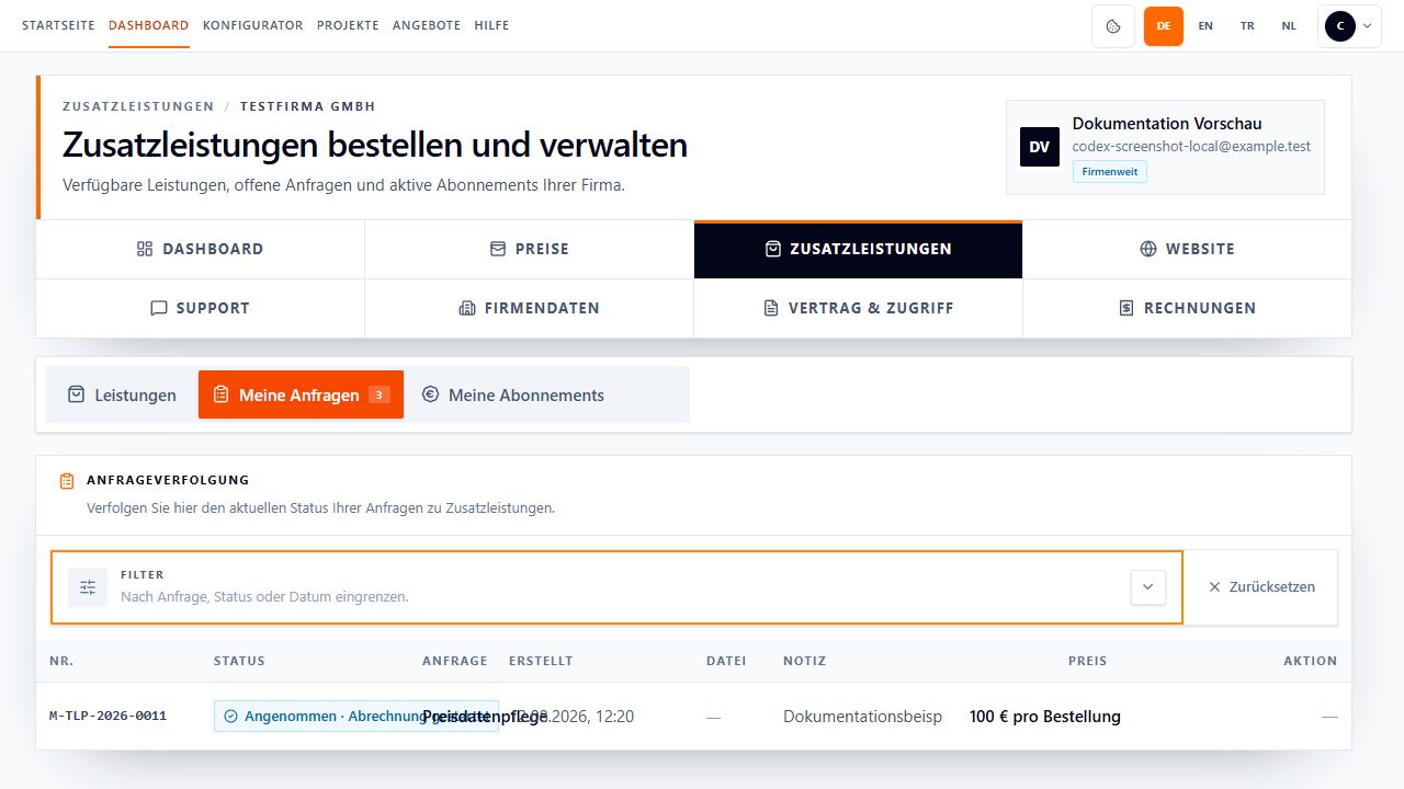 Screenshot des Bereichs Zusatzleistungen, Tab Meine Anfragen mit einem angenommenen Angebot zur Preisdatenpflege.