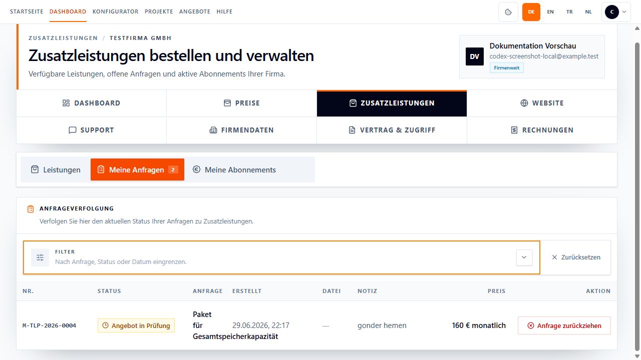 Screenshot des Bereichs Zusatzleistungen, Tab Meine Anfragen mit Anfrageverfolgung, Filtern und einer Anfrage im Status Angebot in Prüfung.