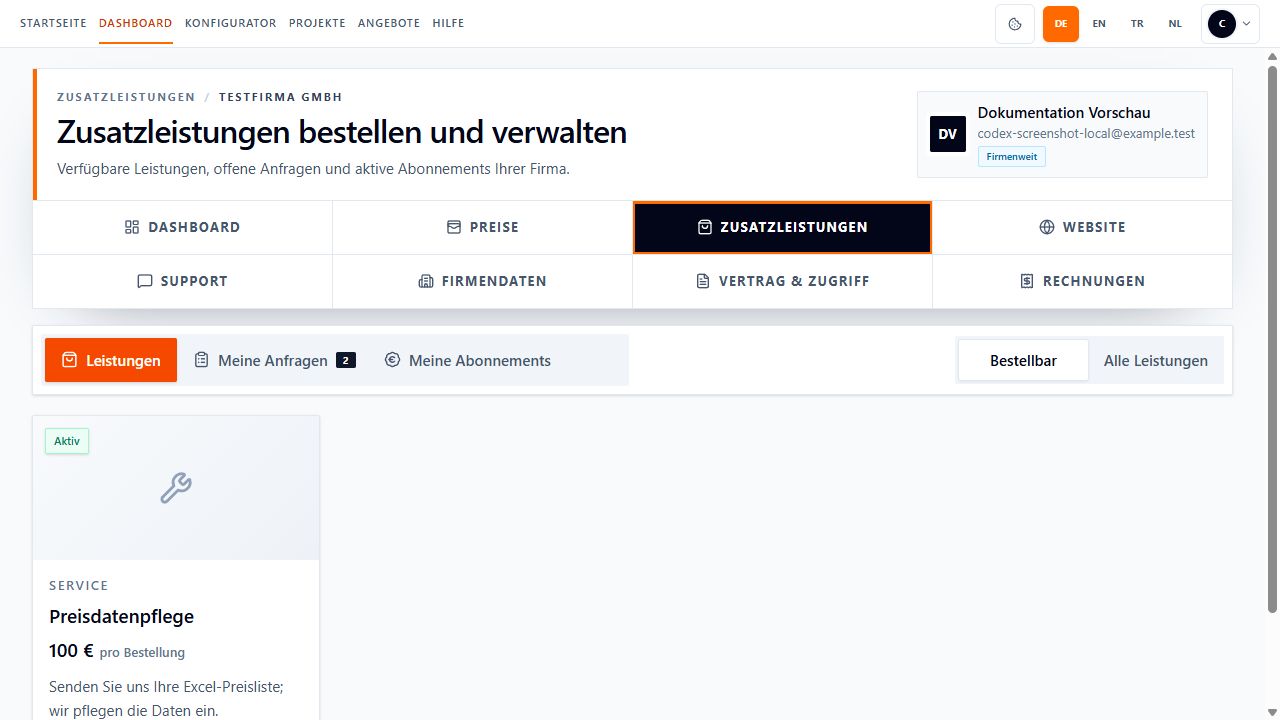 Screenshot des Bereichs Zusatzleistungen mit Leistungen, Meine Anfragen, Meine Abonnements, bestellbaren Zusatzleistungen und Prüfen-und-bestellen-Schaltflächen.