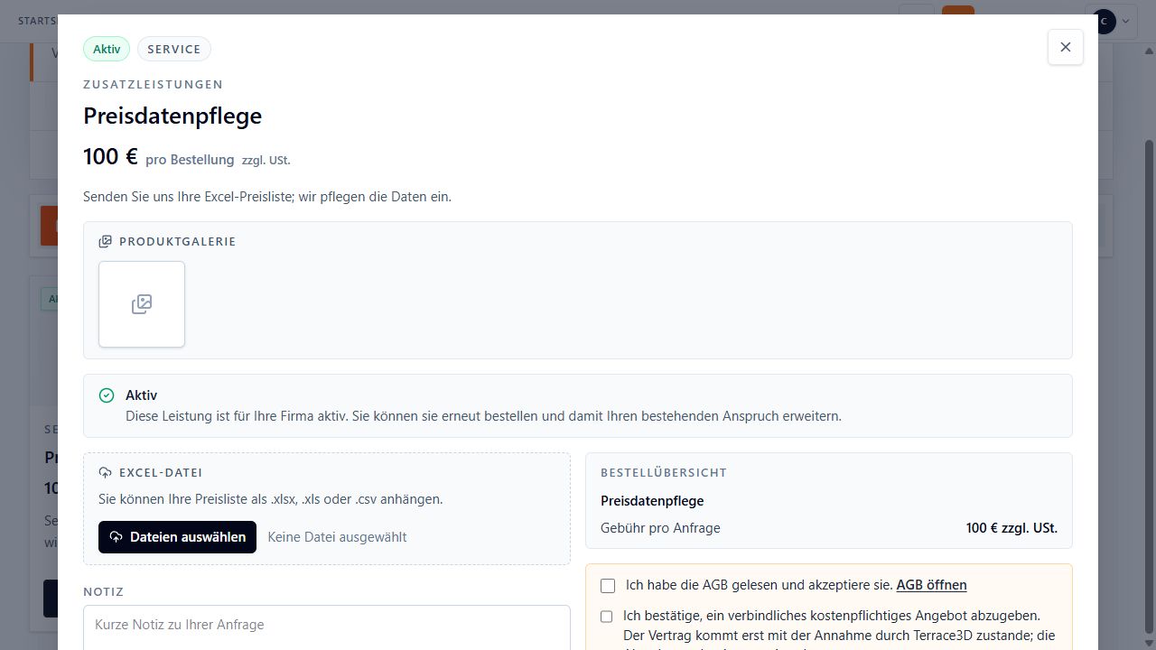Screenshot des Bestellfensters für die Zusatzleistung Preisdatenpflege mit Datei-Upload, Notizfeld, Bestellübersicht, AGB-Hinweis und kostenpflichtiger Bestellschaltfläche.